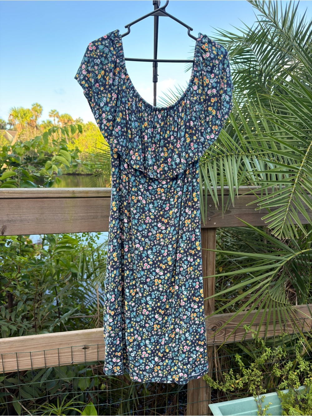 Lane Bryant Navy Blue Floral Midi Dress with Ruffle Neckline